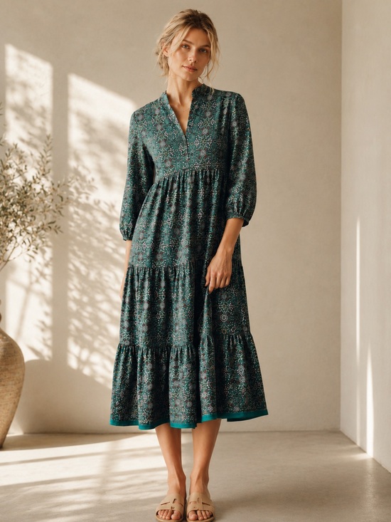 Monteau Dresses & Skirts - Monteau Green Printed Tiered Maxi Dress